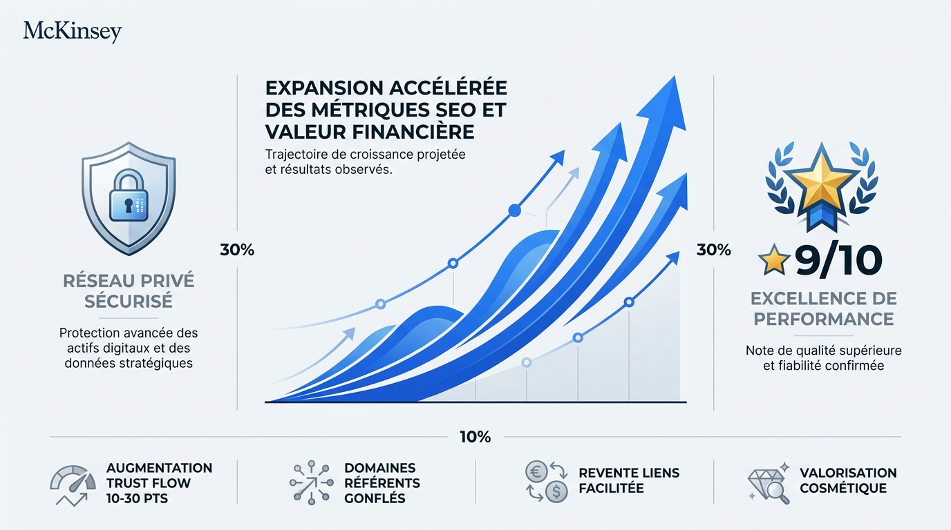 Graphique montrant l'augmentation des métriques SEO et de la valeur financière d'un site web